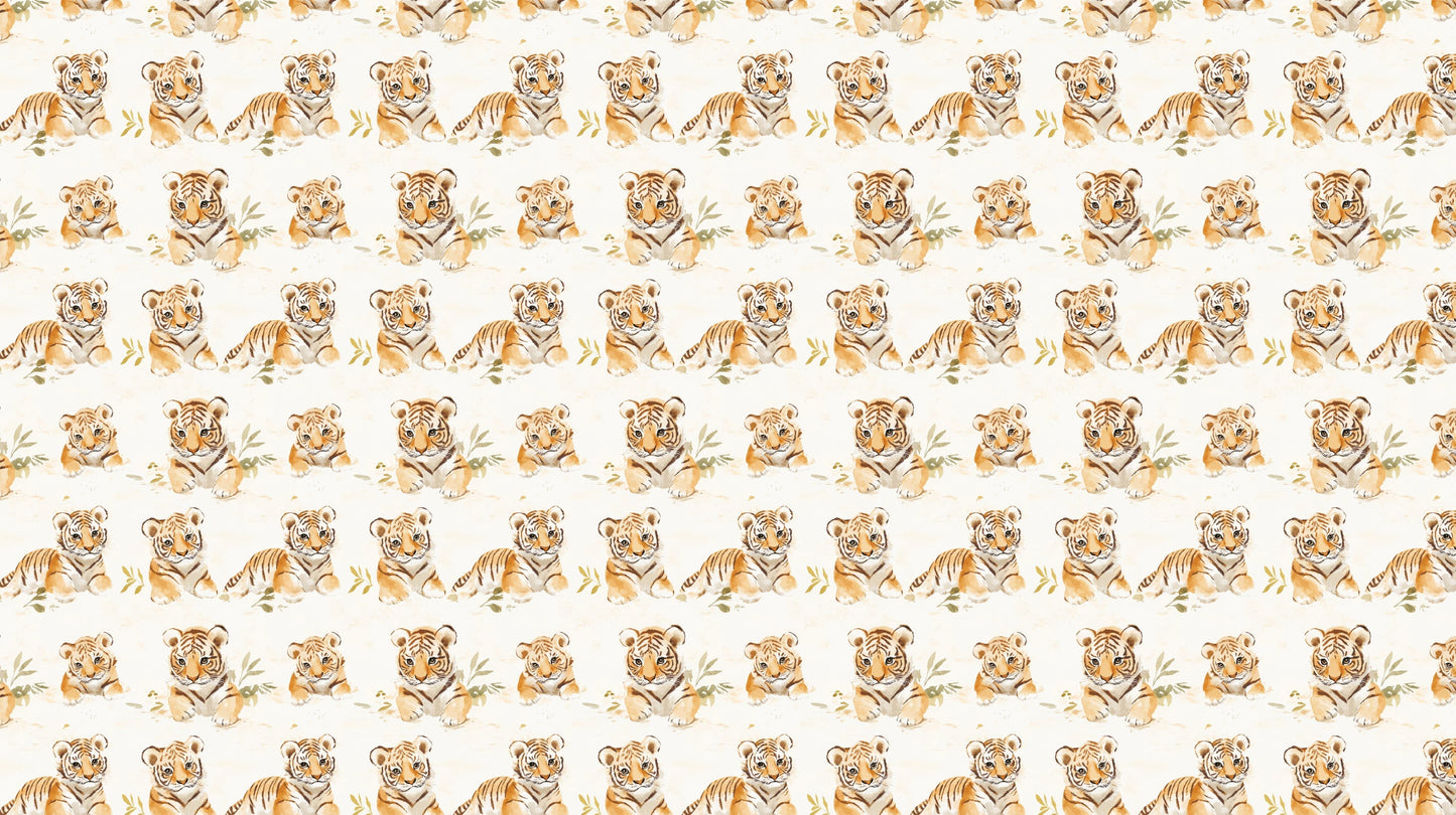 Detailed soft-toned tiger mural wallpaper design pattern with botanical elements by Kids-Mundo