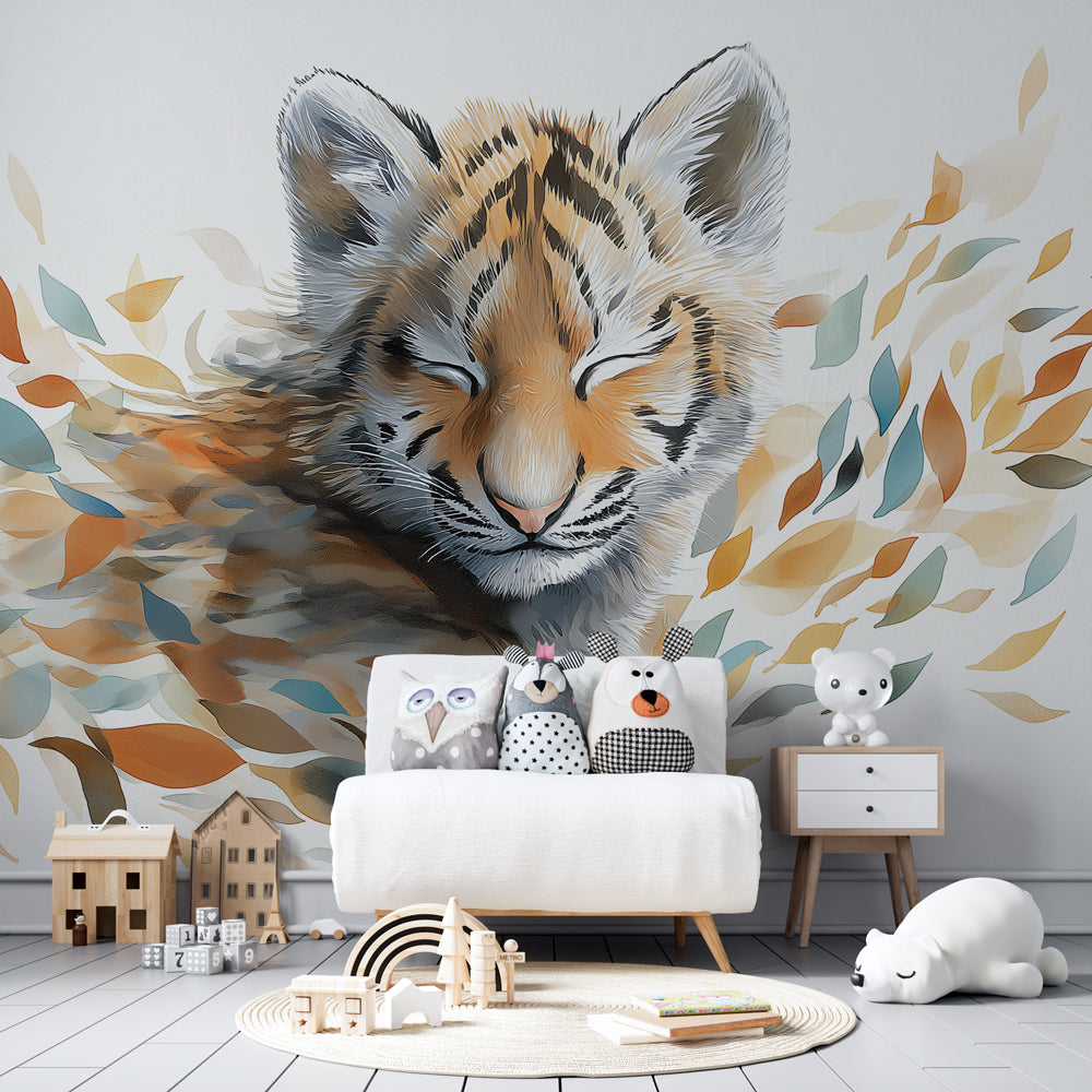Tiger and leaves wallpaper in modern children's bedroom with soft lighting and natural decor