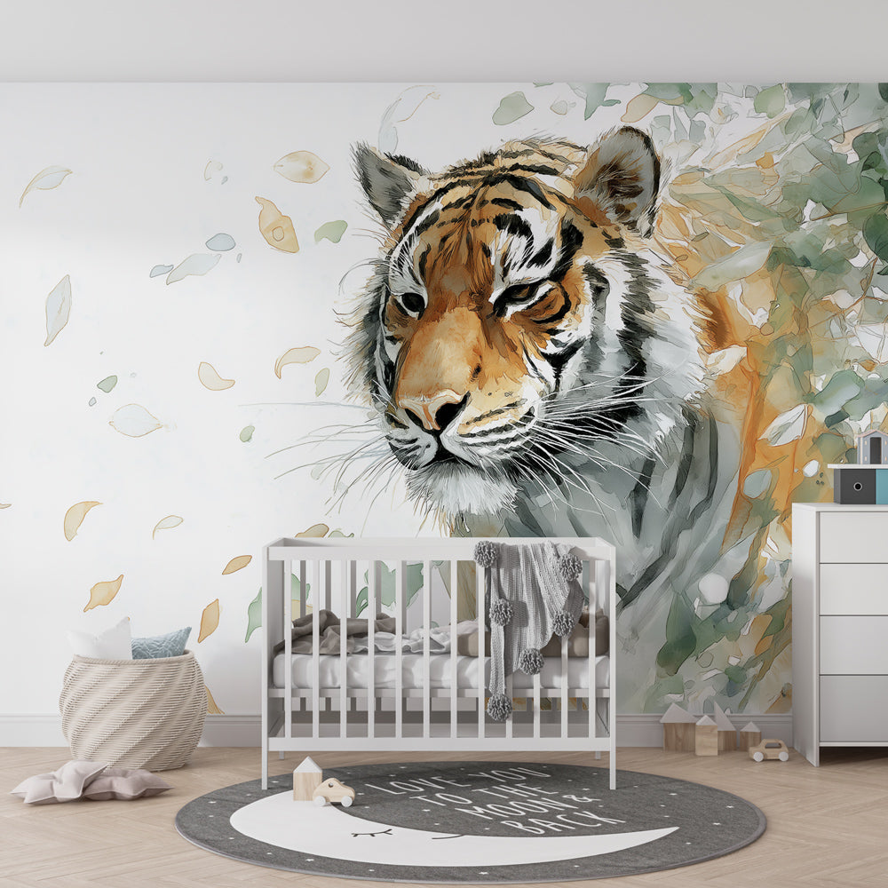 Majestic tiger wallpaper creating wildlife sanctuary atmosphere in children's bedroom decor