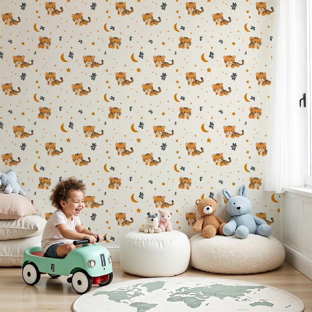 Tiger starry night mural wallpaper in cozy nursery setting by Kids-Mundo