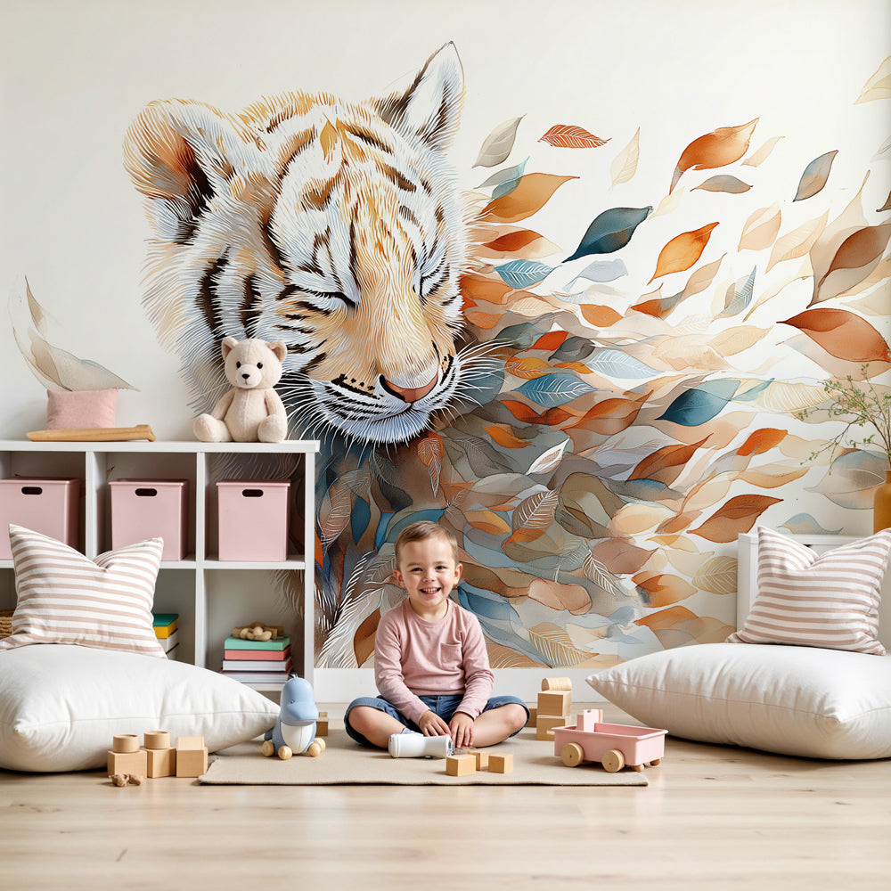 Tiger mural wallpaper with floating leaves creating serene wildlife decor in modern kids nursery by Kids-Mundo