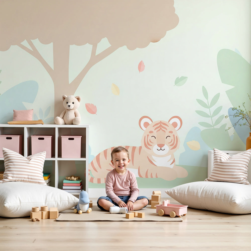 Peaceful tiger forest mural wallpaper in modern nursery setting by Kids-Mundo