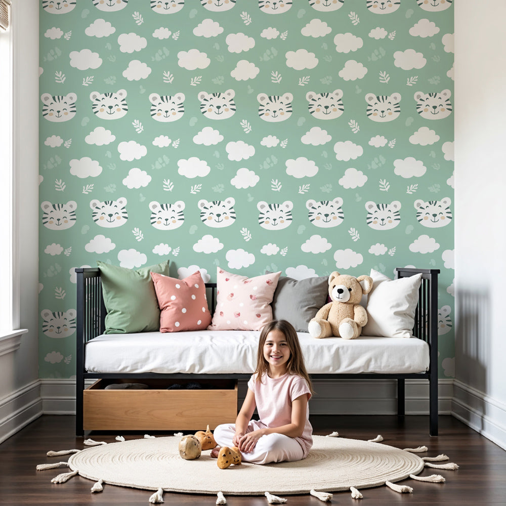 Tiger head mural wallpaper with pastel green background in modern nursery by Kids-Mundo
