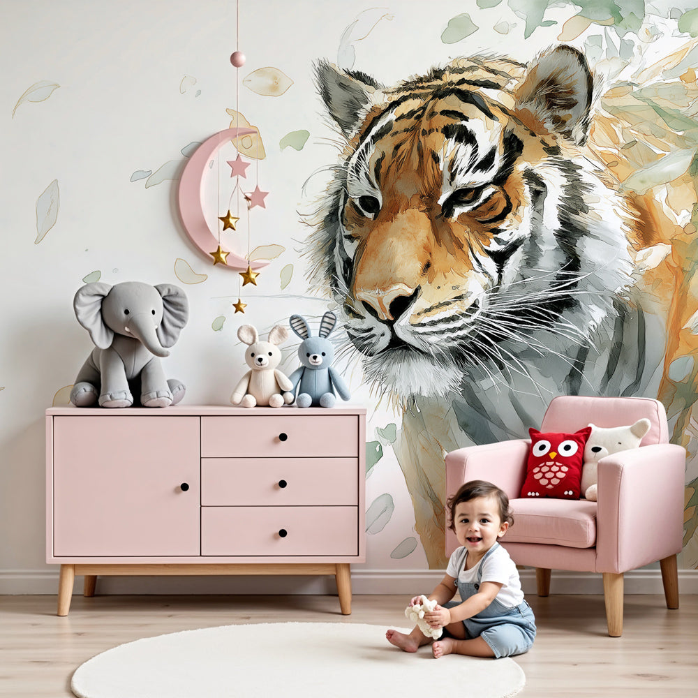 Watercolor tiger mural wallpaper transforming modern nursery with jungle adventure theme by Kids-Mundo