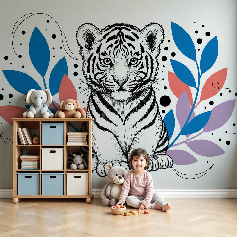 Tiger mural wallpaper with colorful foliage creating vibrant safari nursery decor by Kids-Mundo