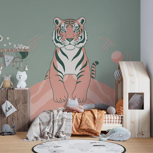 Kids-Mundo pastel hill tiger mural decorating a modern kids bedroom wall