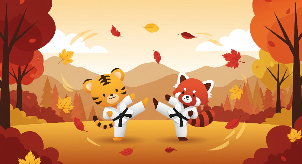 Flat artwork preview of the Kids-Mundo tiger and red panda karate wall mural set among falling autumn leaves.