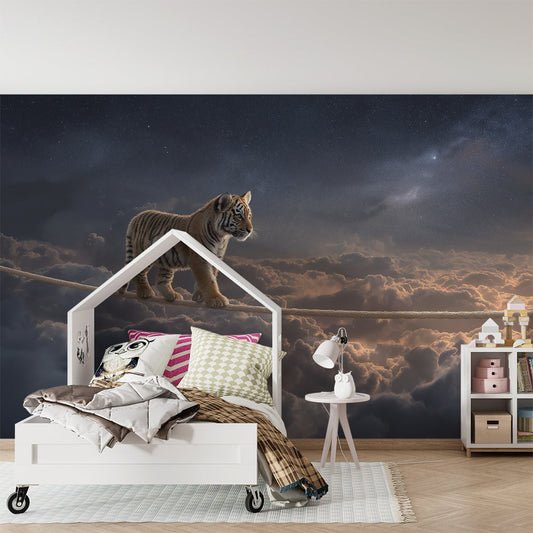 Kids-Mundo tiger cub on a tightrope mural creating a bold feature in a kids bedroom.