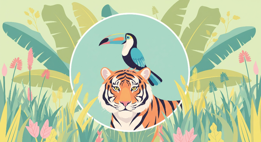 Kids-Mundo flat artwork of a tiger and toucan jungle circle wall mural design