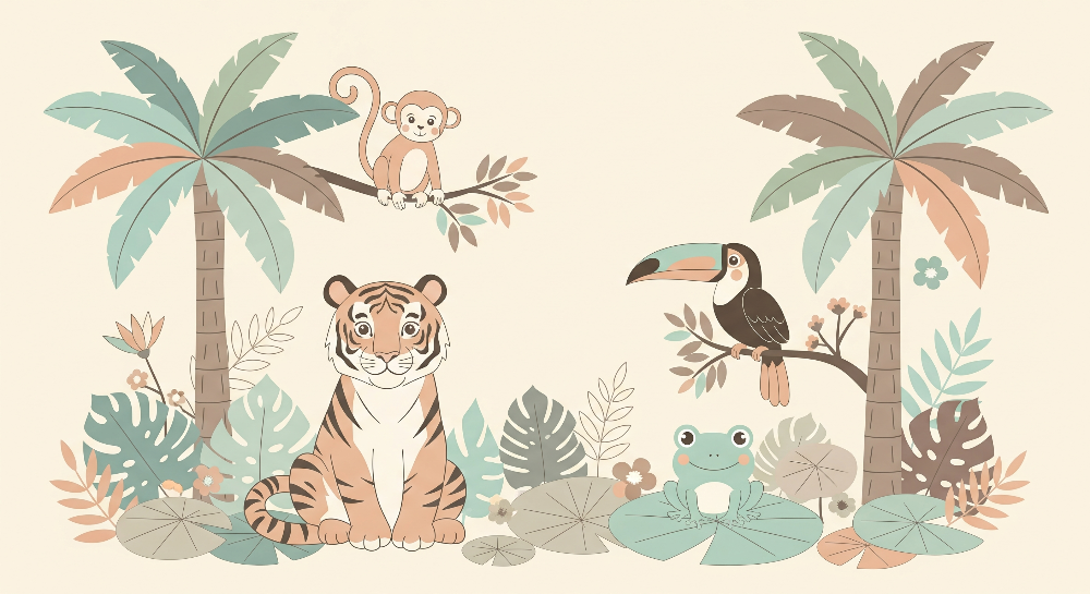 Kids-Mundo flat artwork of a pastel jungle scene with tiger, monkey, toucan and frog for a wall mural.
