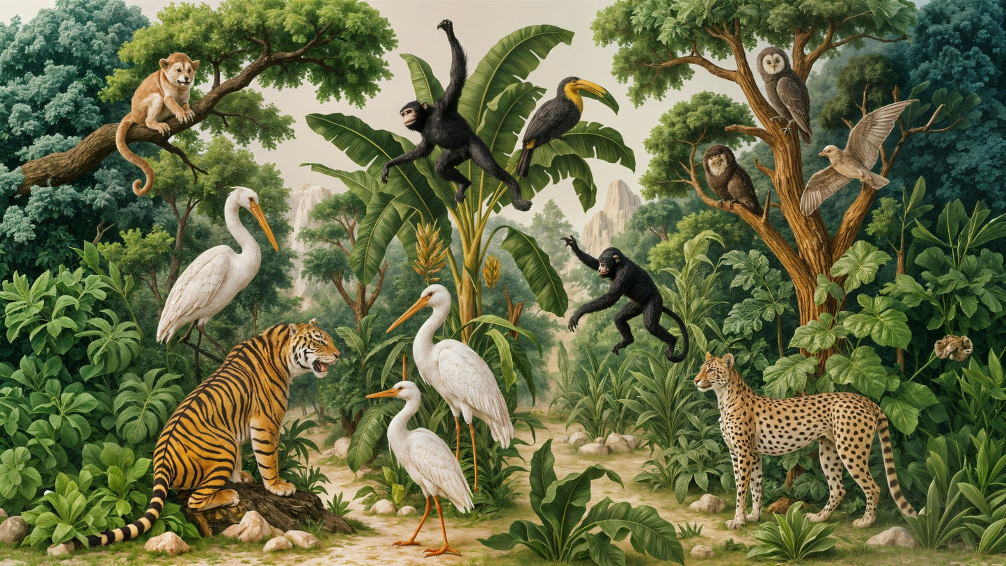Kids-Mundo flat artwork of a tiger, cheetah, toucan, monkeys, owls and egrets in a jungle scene.