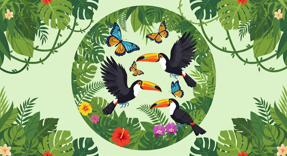 Kids-Mundo flat artwork of three flying toucans and jungle flowers wall mural design