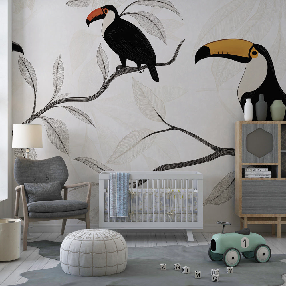 Tropical bird wallpaper featuring majestic toucans in children's bedroom with natural wood furniture