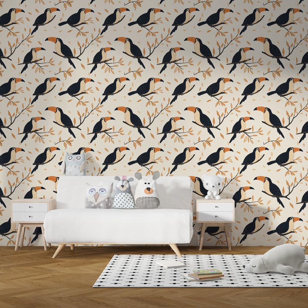 Tropical toucan bird wallpaper decorating modern kids bedroom with natural elements