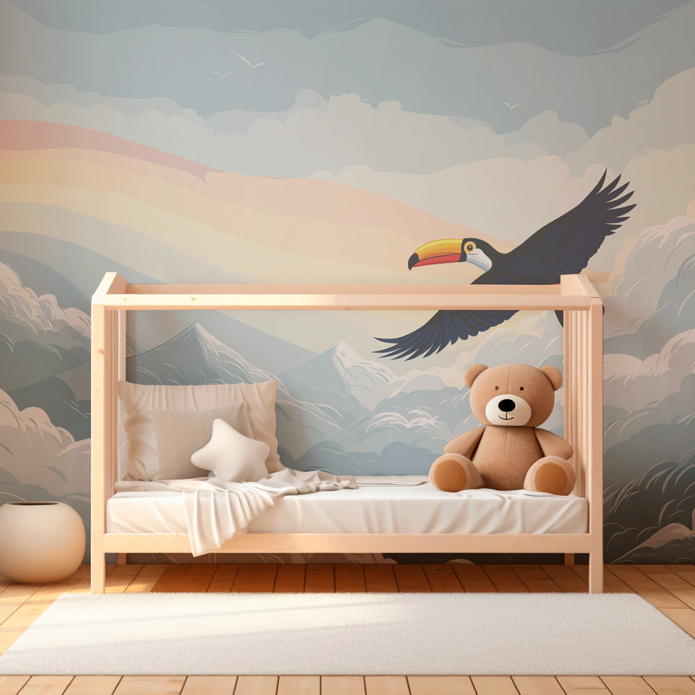 Bird themed mural wallpaper with toucan and clouds decorating children's bedroom wall