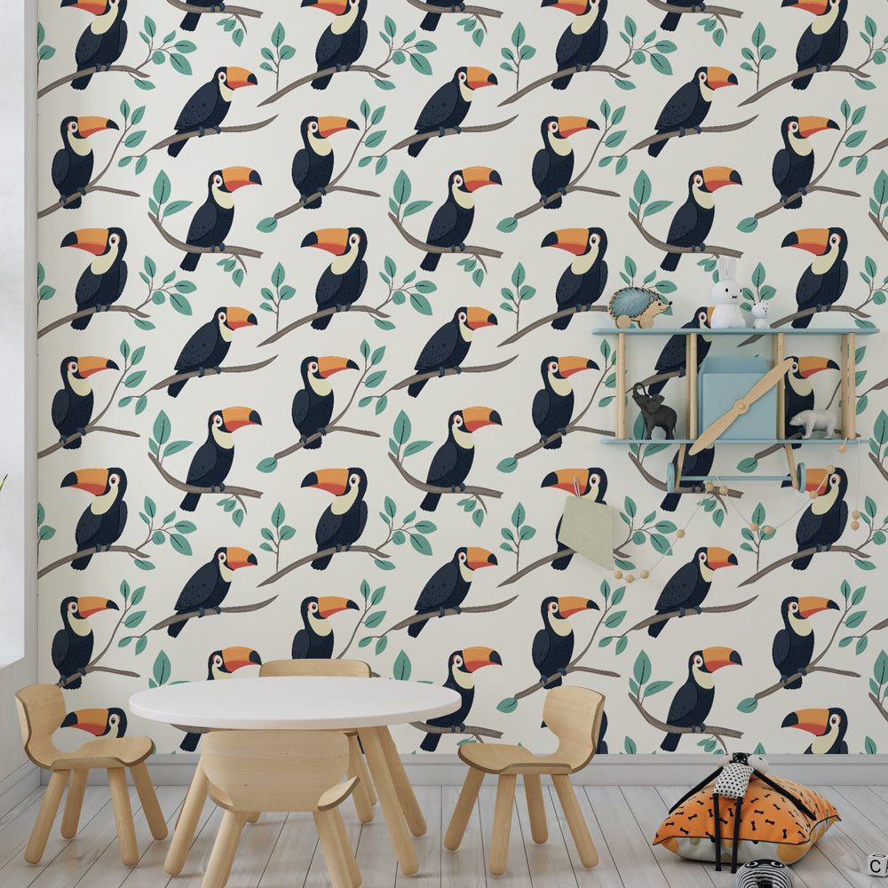 Tropical bird wallpaper with toucans and green foliage transforming children's room decor