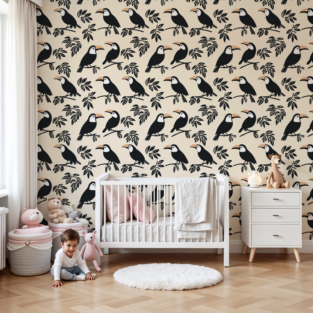 Toucan mural wallpaper creating tropical nursery decor with stylized exotic birds by Kids-Mundo