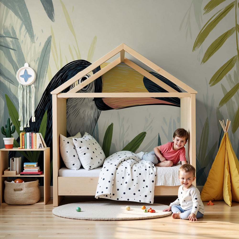 Toucan mural wallpaper in modern kids nursery with tropical jungle theme by Kids-Mundo