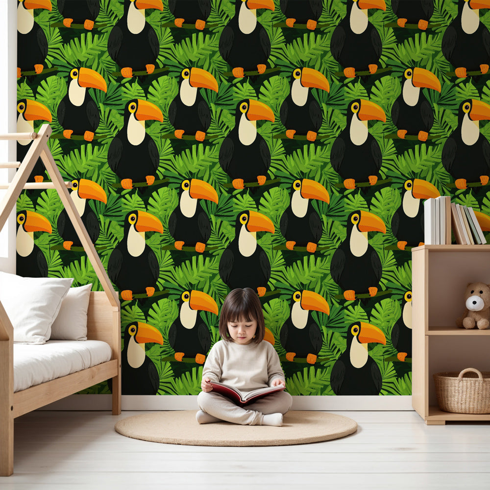 Tropical toucan mural wallpaper creating vibrant jungle atmosphere in modern kids nursery by Kids-Mundo