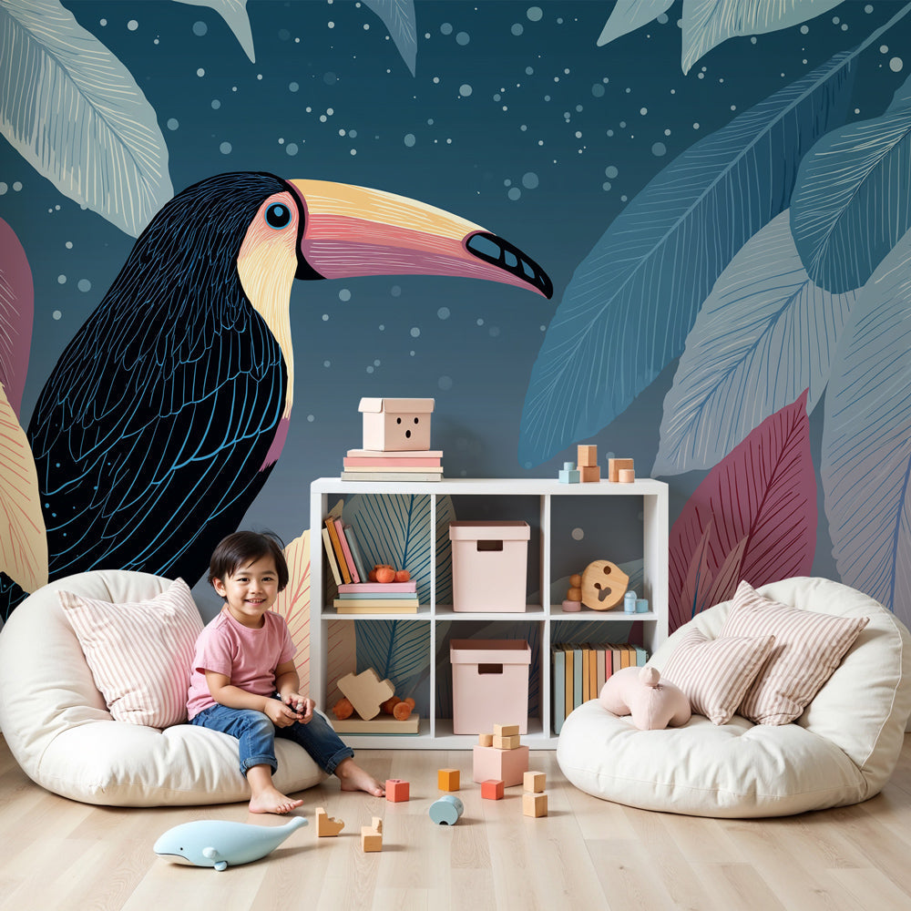 Toucan tropical mural wallpaper in modern nursery with wooden crib by Kids-Mundo