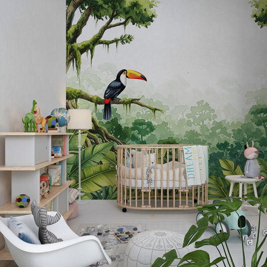 Kids-Mundo toucan and jungle canopy wall mural covering a feature wall in a kids bedroom.