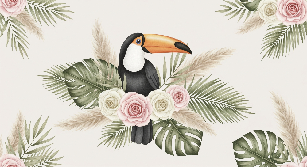 Kids-Mundo flat artwork of a toucan among pink roses, pampas grass and soft palm leaves.