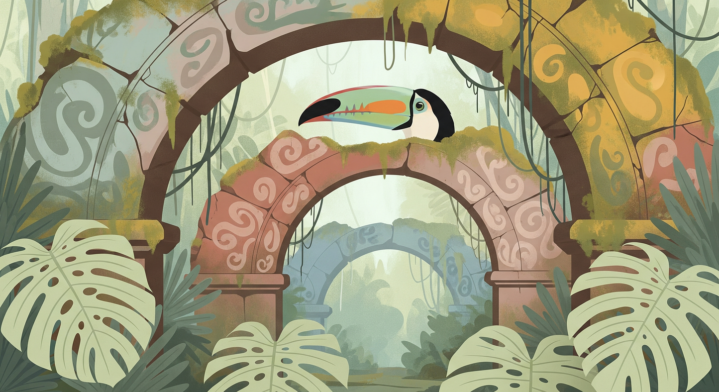 Kids-Mundo flat artwork of a toucan on moss-covered ancient stone arches