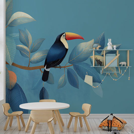 Kids-Mundo teal toucan wall mural covering a feature wall in a child's bedroom.