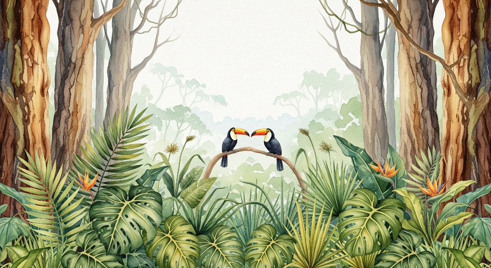 Kids-Mundo watercolour illustration of two toucans on a jungle branch mural artwork