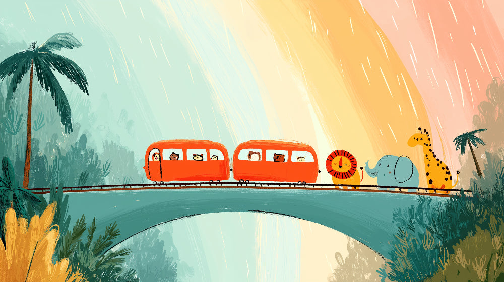 Detailed train adventure mural wallpaper design pattern with colorful jungle animals by Kids-Mundo