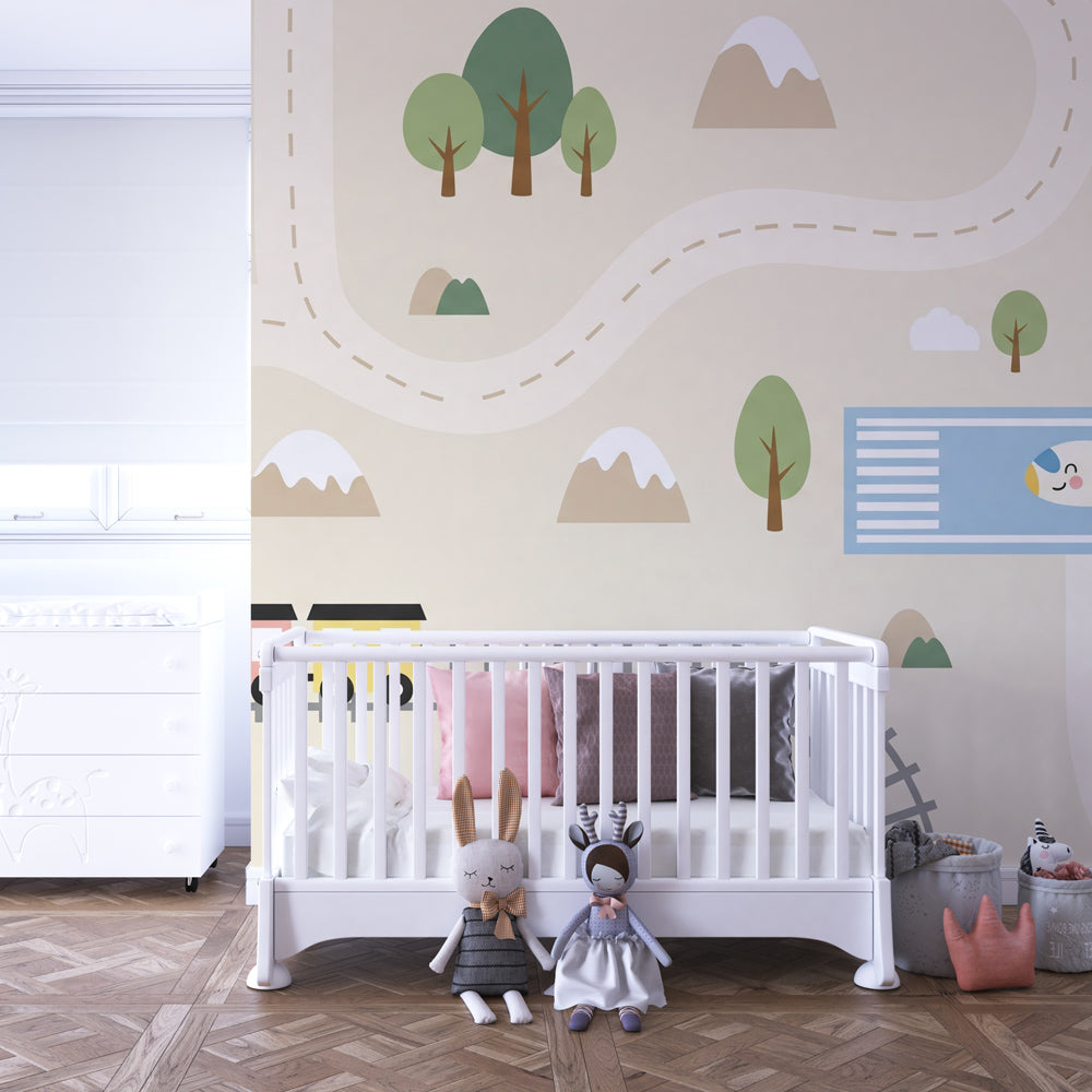 Rails and sky adventure wallpaper creating playful transportation theme in children's bedroom