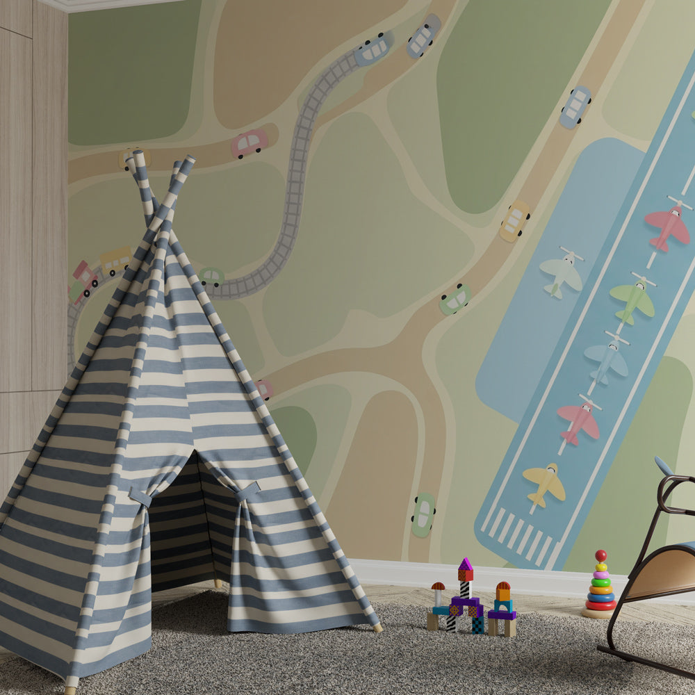 Happy traffic wallpaper featuring colorful cars and aircraft in children's bedroom decor