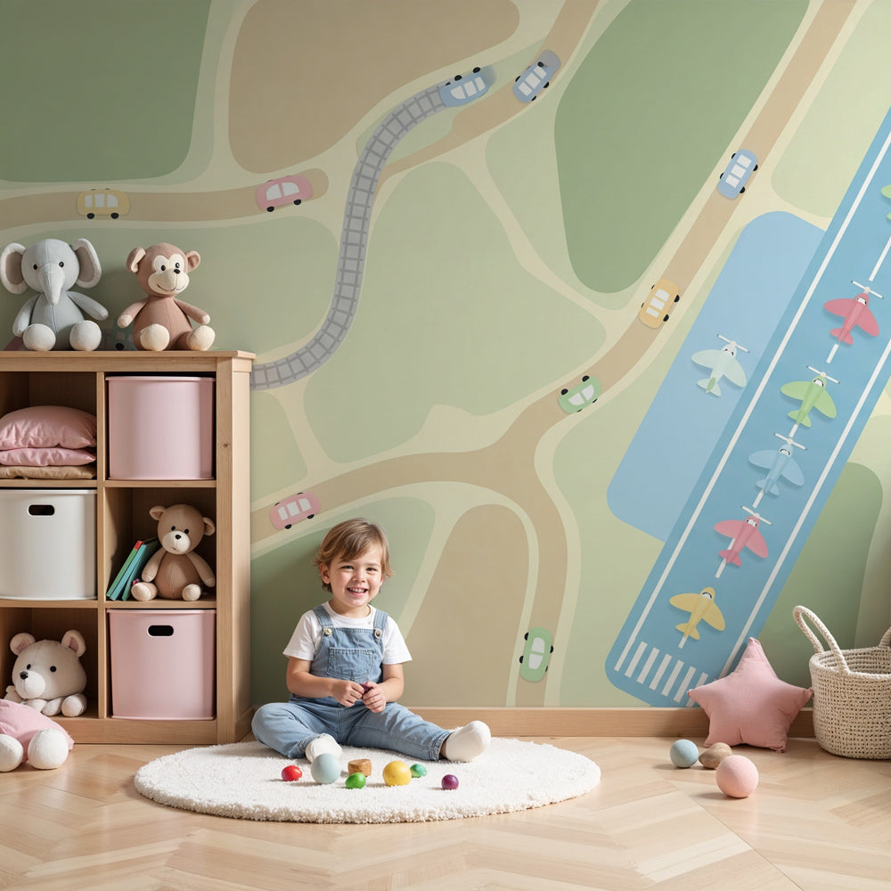 Transportation mural wallpaper with trains and planes in modern nursery by Kids-Mundo