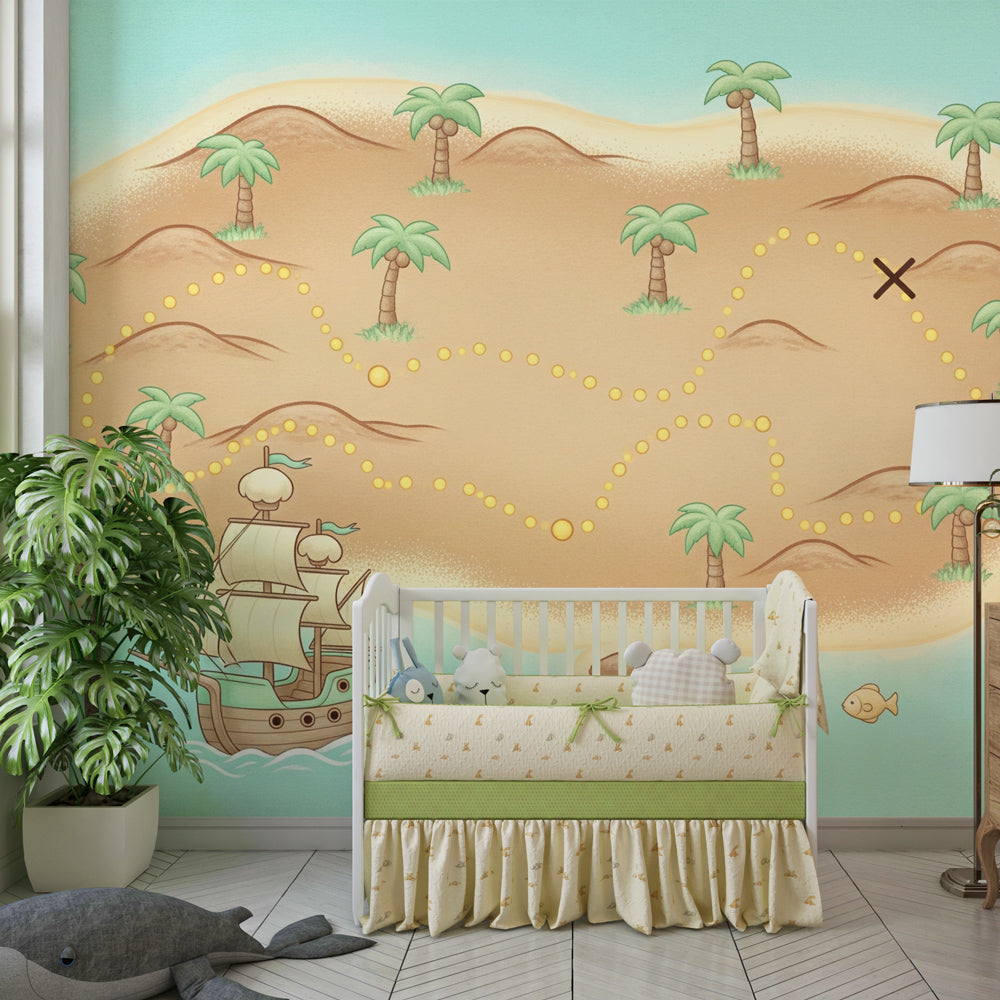 Maritime adventure wallpaper transforming modern nursery with treasure map design