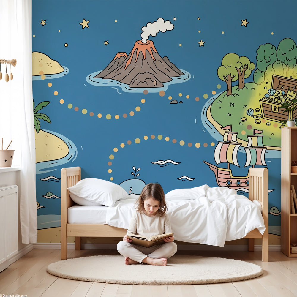 Treasure map mural wallpaper creating ocean adventure theme in modern kids nursery by Kids-Mundo