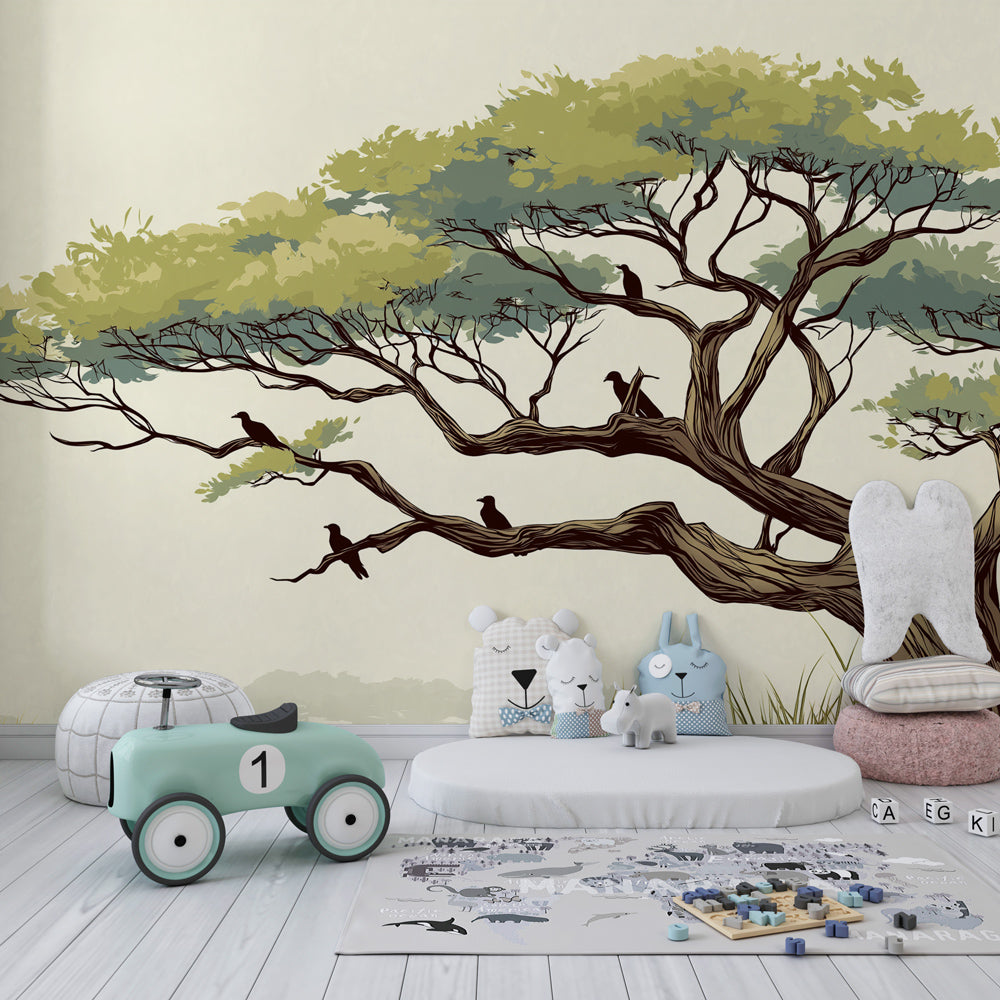 Majestic tree wallpaper with birds transforming children's bedroom into nature sanctuary