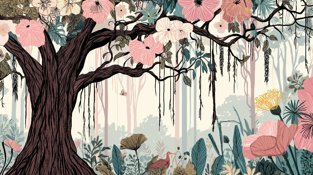 Detailed majestic tree mural wallpaper design pattern with colorful flowers by Kids-Mundo
