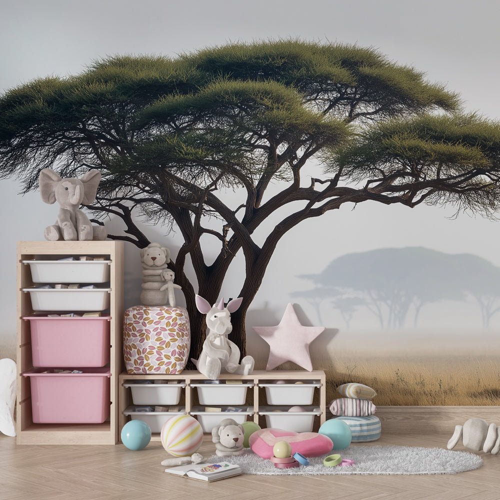 Mystical tree wallpaper creating serene natural atmosphere in children's bedroom decor