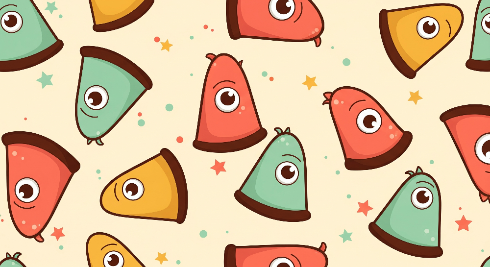 Flat artwork of the Kids-Mundo triangle monster wall mural design with stars and bubbles on cream.
