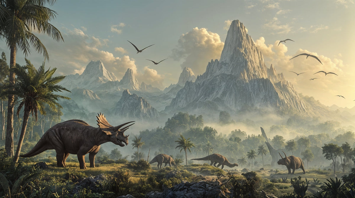 Triceratops Herd in a Misty Mountain Valley Wall Mural