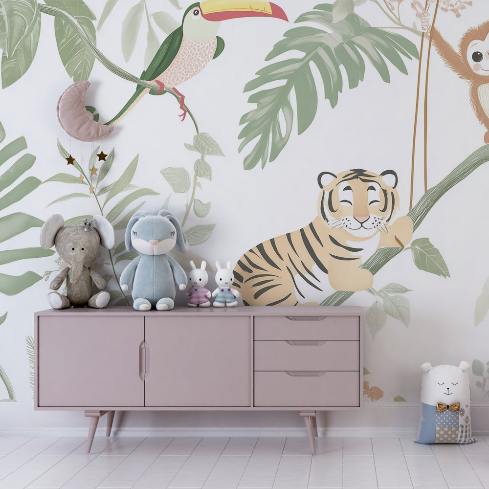 Jungle themed mural wallpaper creating tropical paradise in children's bedroom with green tones