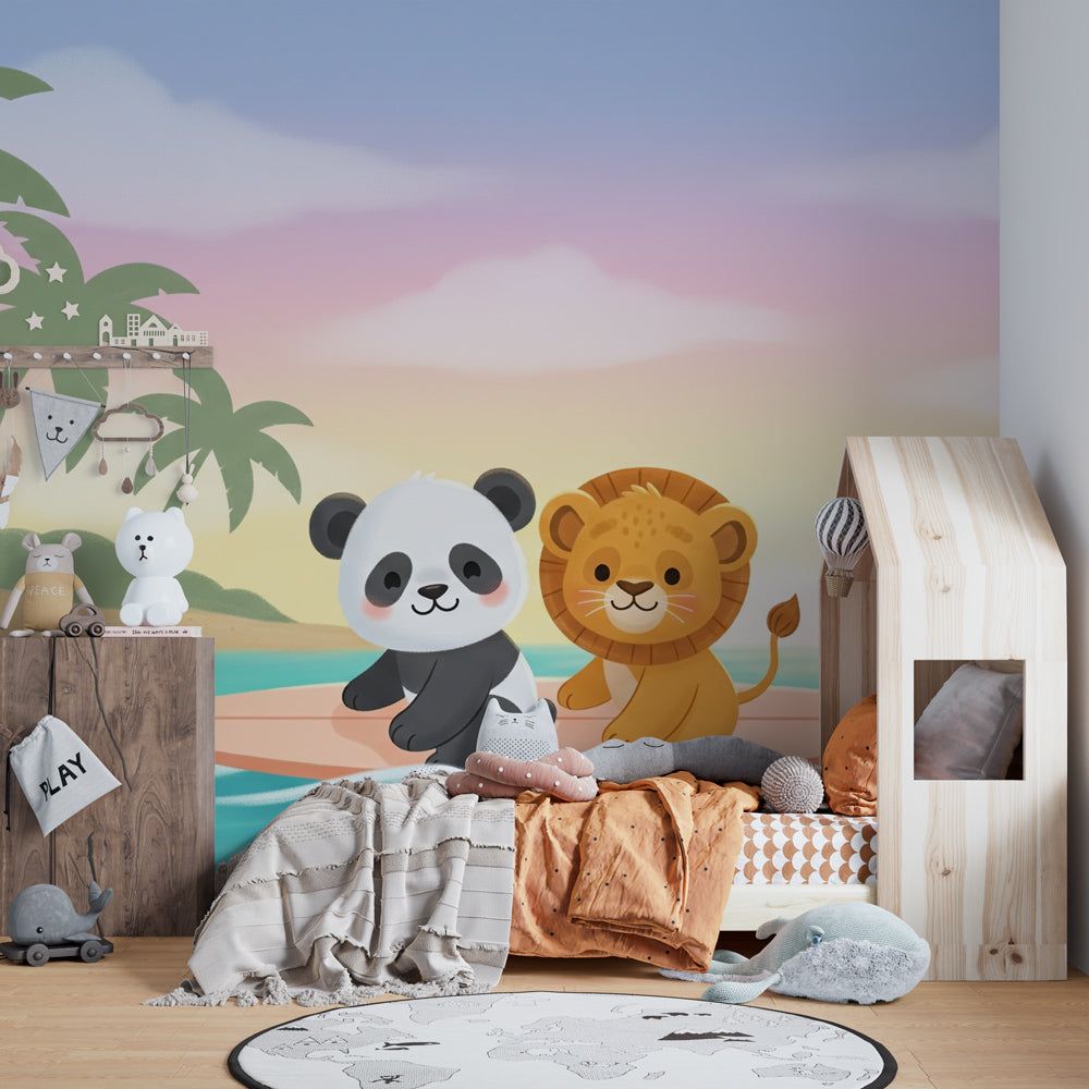 Panda lion surfing wallpaper creating tropical themed kids bedroom with wooden furniture and colorful decor