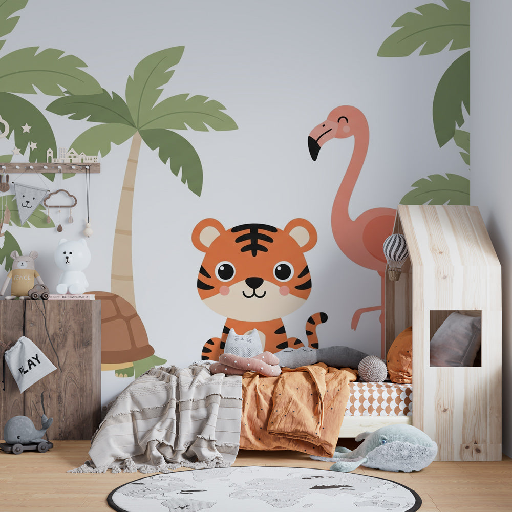 Exotic wildlife wallpaper creating tropical paradise atmosphere in kids bedroom
