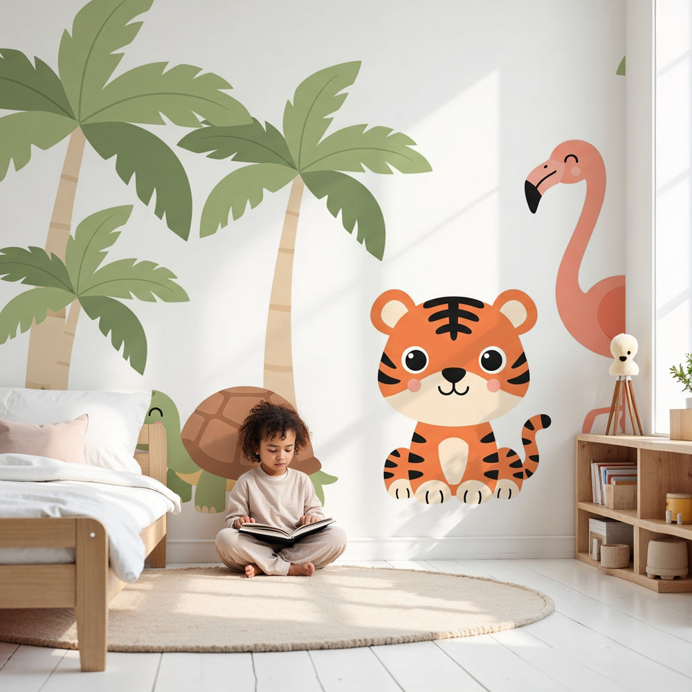 Tropical animals mural wallpaper with tiger and flamingo in modern nursery by Kids-Mundo