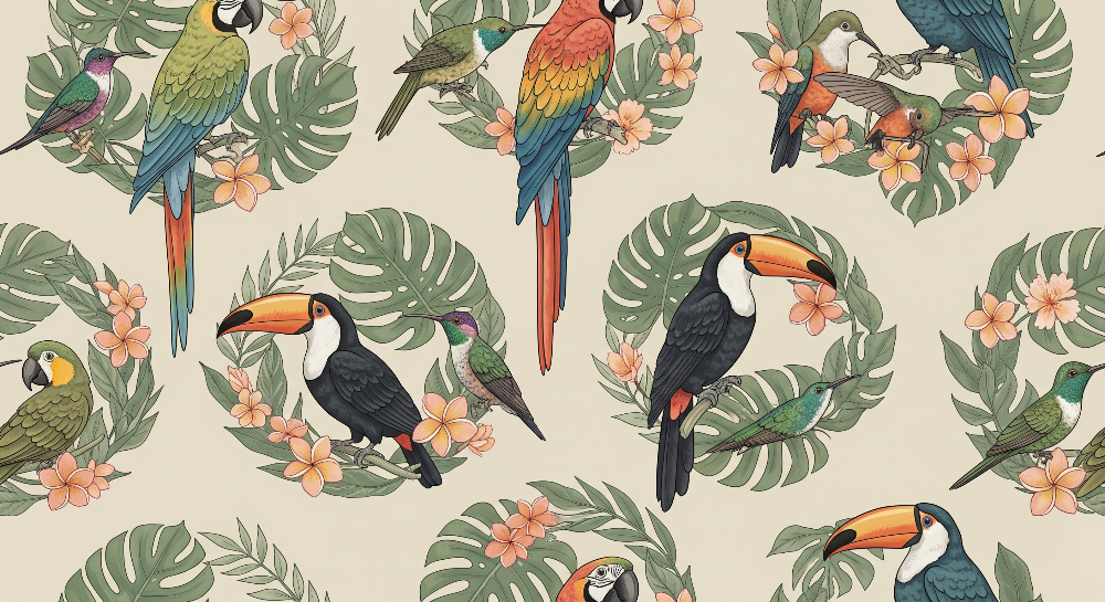 Kids-Mundo flat artwork of tropical birds framed in leafy flower wreaths