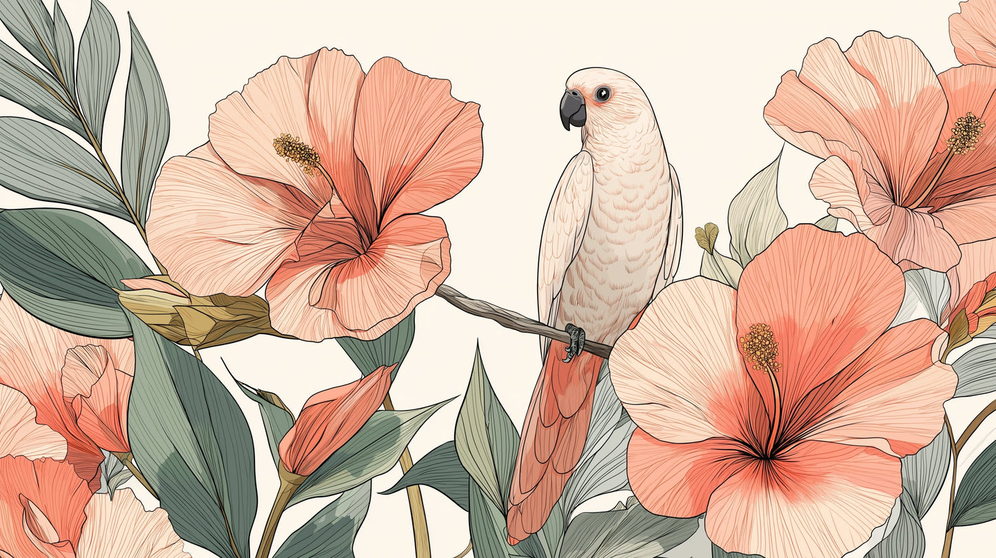 Detailed tropical birds and hibiscus flowers mural wallpaper design pattern by Kids-Mundo