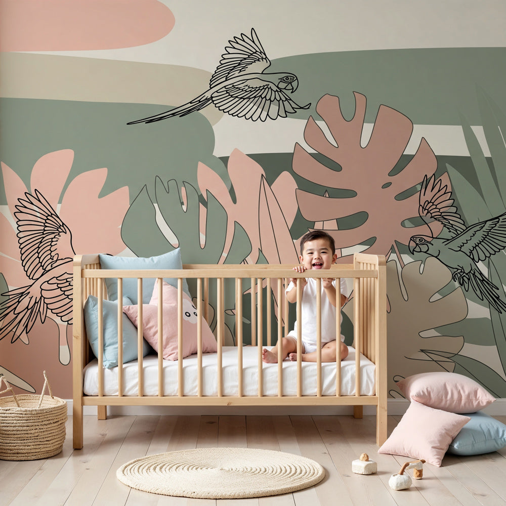 Tropical birds mural wallpaper in modern nursery with natural wood furniture by Kids-Mundo