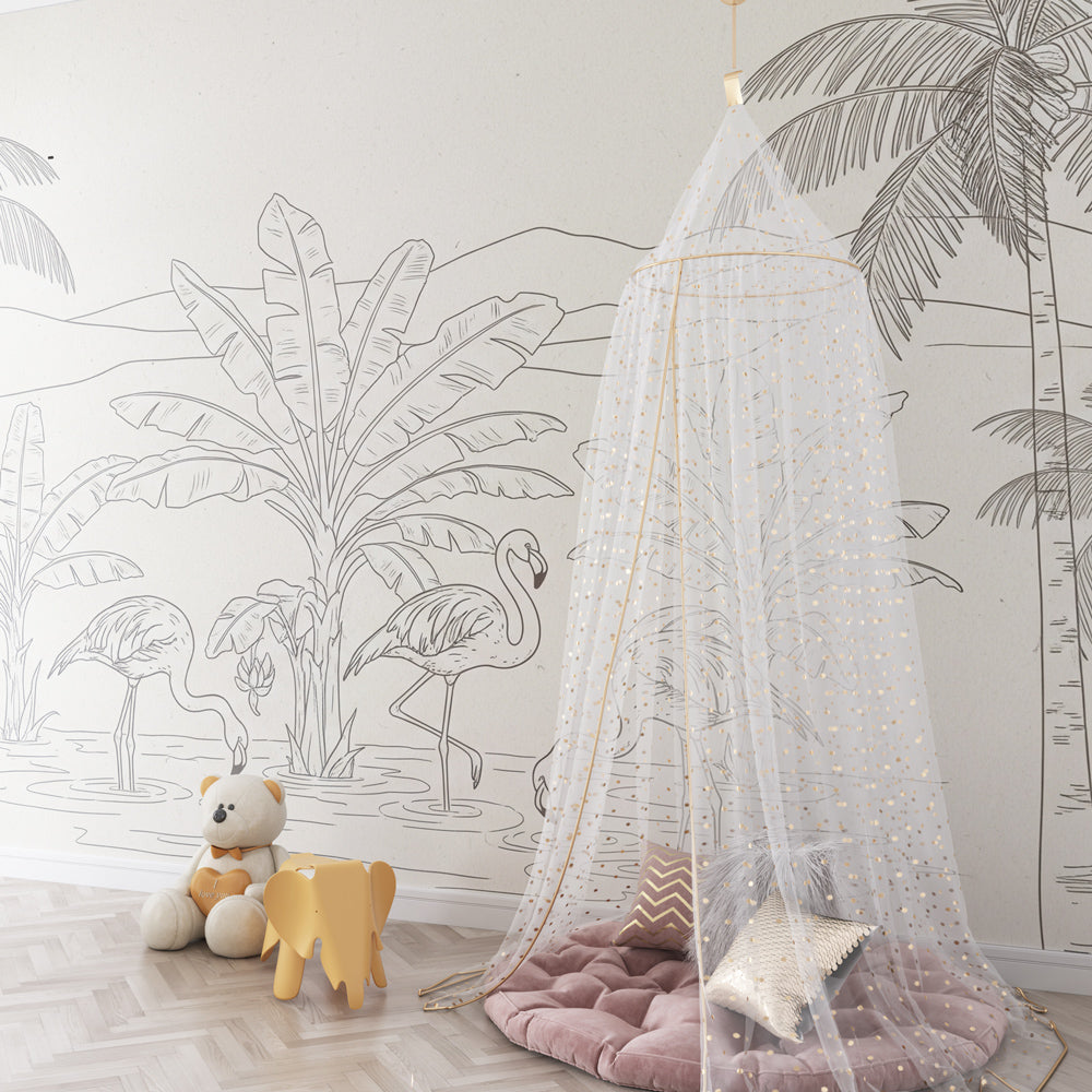 Pink flamingo and palm tree wallpaper creating peaceful children's bedroom atmosphere