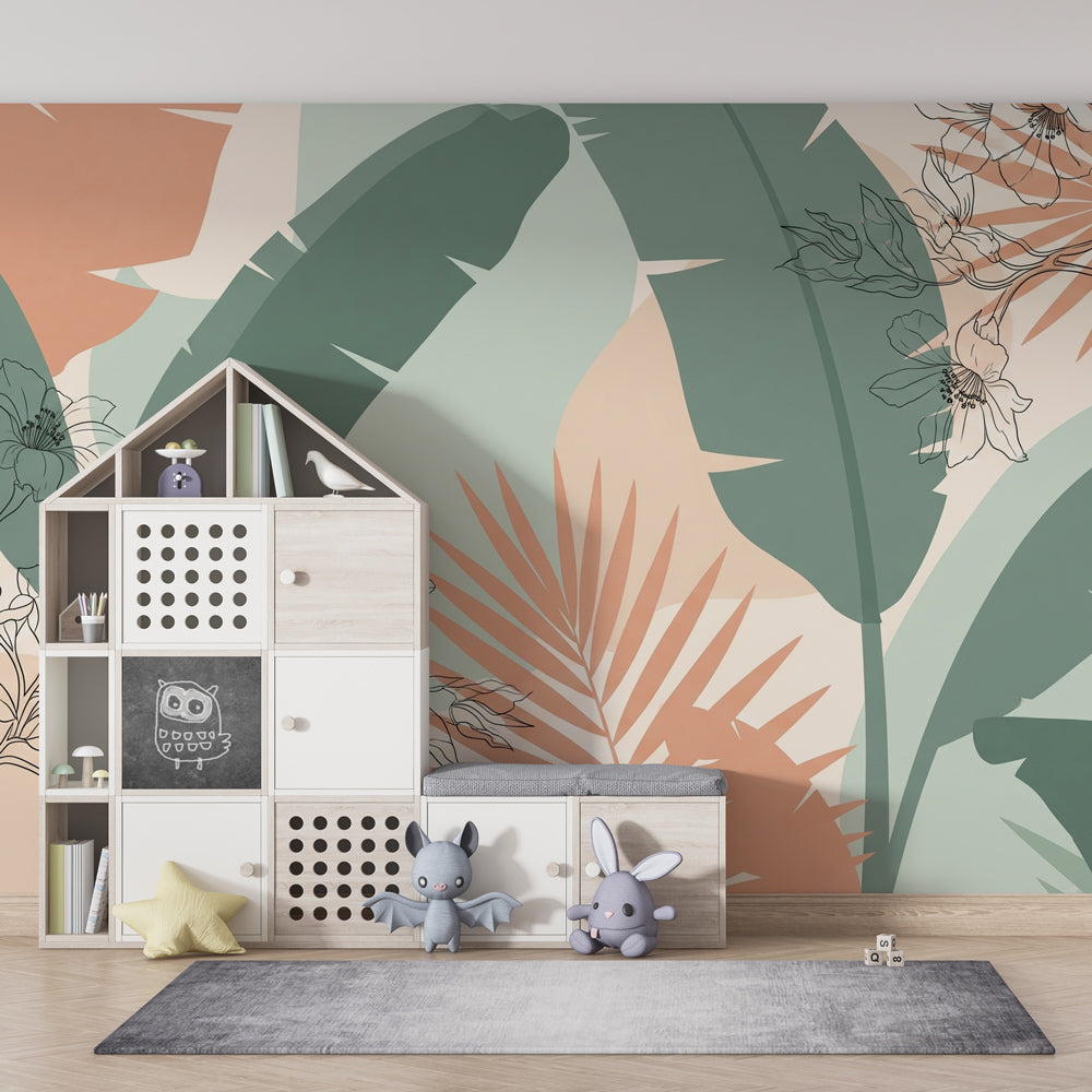Exotic floral wallpaper transforming kids bedroom with botanical tropical design and pastel colors