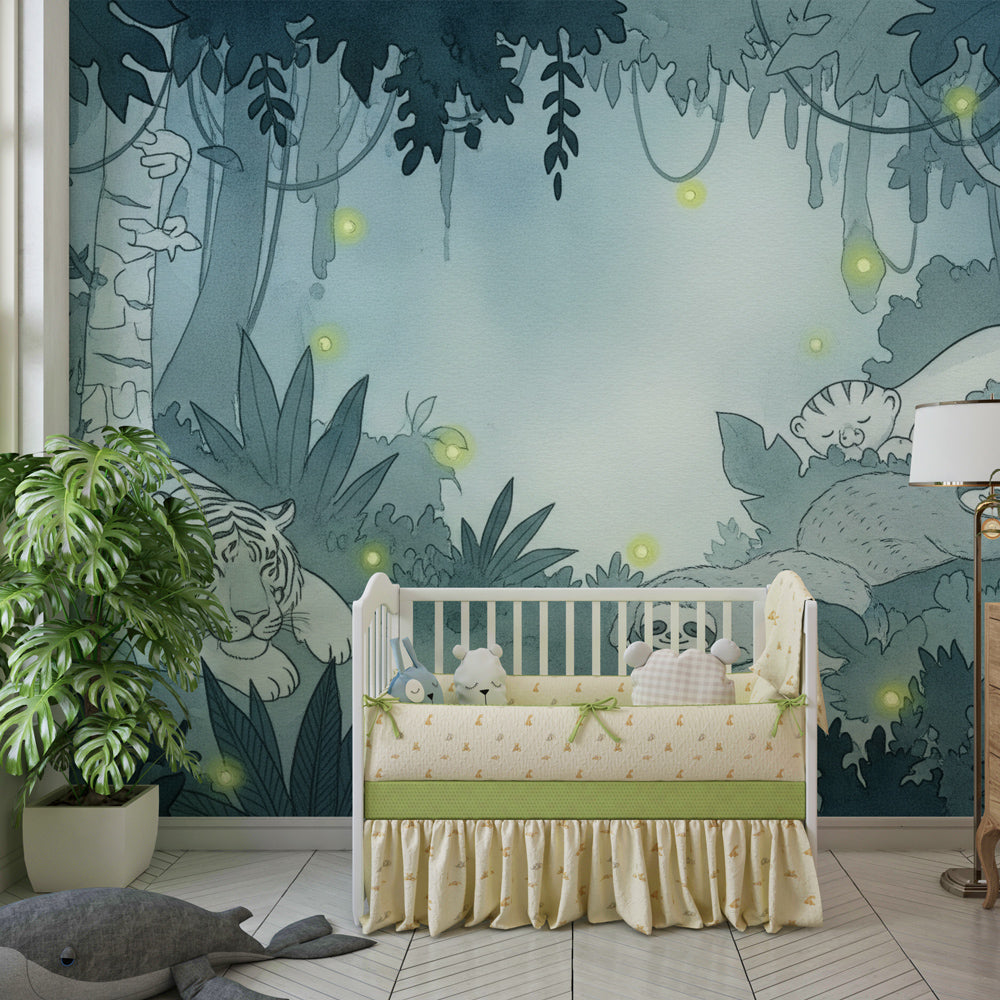 Enchanted forest wallpaper creating magical kids bedroom decor with sloths and toucan